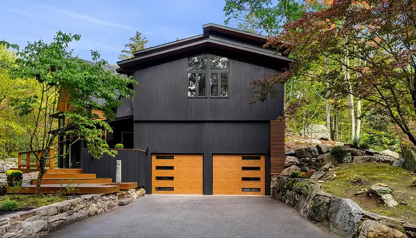 Clopay Modern Steel garage door with Ultra-Grain wood-look finish